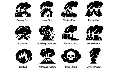 Obraz premium Disaster icons: factory house car forest fire explosion building collapse