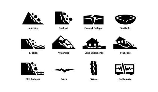 Natural disaster icons: landslide, rockfall, earthquake, sinkhole, avalanche