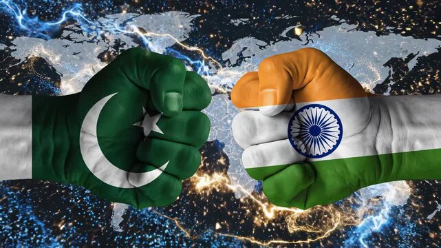 Two fists painted with national flags