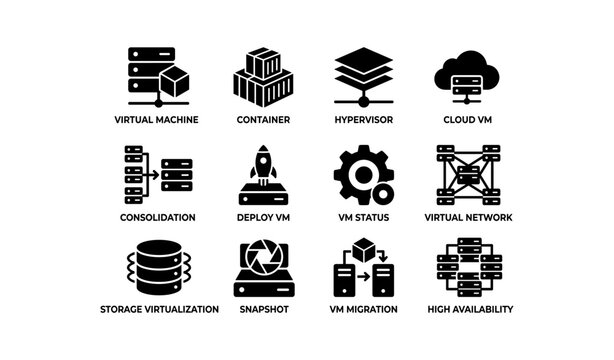 Icons representing virtual machines, containers, and cloud technology concepts