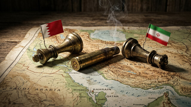 chess pieces and a spent bullet casing lie on an old geographical map of the persian gulf with the national flags of countries installed on them