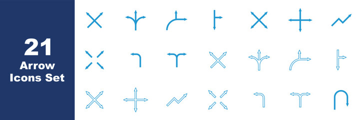 21 Thin Line Directional Arrow Icons Outline Vector Set. Arrow icon set, arrow cursor. Arrows big black set icons. Arrow vector collection. Arrow. Cursor. Mordern simple arrows. Vector illustration.