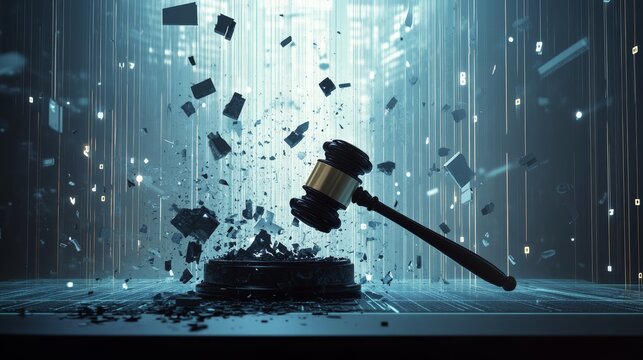 A dramatic representation of justice with a gavel amidst a digital explosion, symbolizing the intersection of law and technology in modern society.