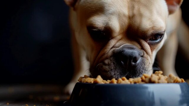 French Bulldog breed dog eating dry kibble from a bowl indoors, pet feeding time, hungry animal, home care.