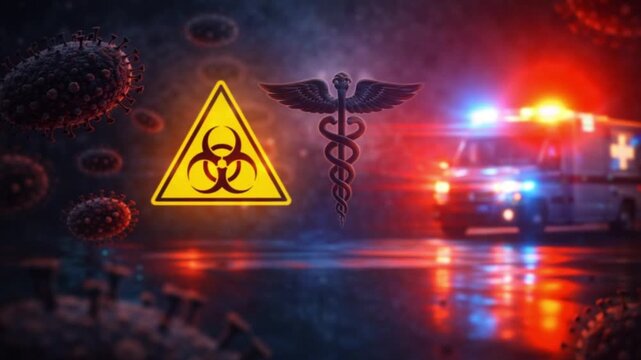 Emergency response to marburg and nipah virus outbreaks urban setting digital artwork health crisis nighttime view