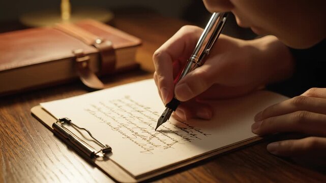 Person writing with fountain pen on clipboard