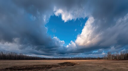 Naklejka premium Dramatic storm clouds gather above a quiet rural field and distant forest