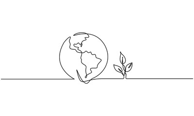 World environment earth globe with leaves continuous line drawn. 