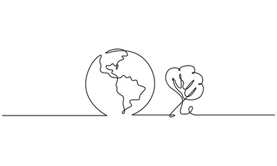 World environment earth globe with leaves continuous line drawn. 