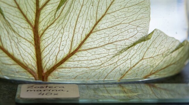 Zostera marina aquatic plant leaf under magnified glass showing intricate vascular network and natural texture, botanical science specimen display at 40x magnification