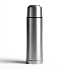 Brushed stainless steel thermos bottle with sleek cylindrical design and lid