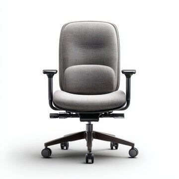 Ergonomic office chair with adjustable arms and wheeled base on white backdrop