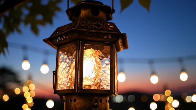 Close-up of a vintage lantern with glowing bulb at dusk, surrounded by blurred bokeh string lights