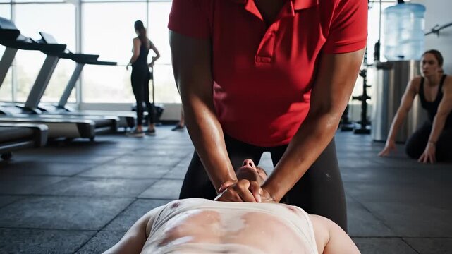 A fitness trainer performing CPR on a collapsed individual in a well-equipped gym while others observe, emphasizing urgency and teamwork