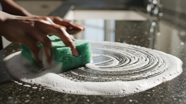 Hand cleaning countertop with sponge