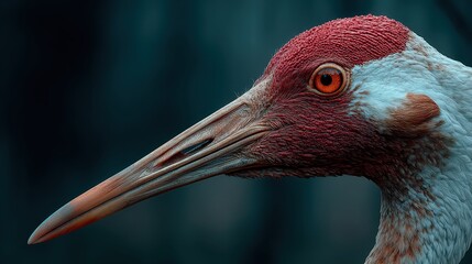 Obraz premium Close up portrait of a red faced crane with a long bill and intense eye