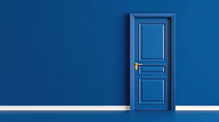 Vivid blue interior door set against a matching wall with gold handle