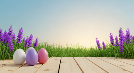 Easter eggs on wooden deck with purple flowers and green grass on a sunny day celebrating spring and easter holiday