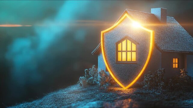 Home property insurance concept, residential house protected by glowing golden shield, secure dwelling, comprehensive financial safety, reliable risk management, family peace of mind