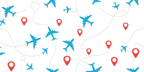 Seamless airplane travel pattern vector with flight route dotted lines and location pin map background.