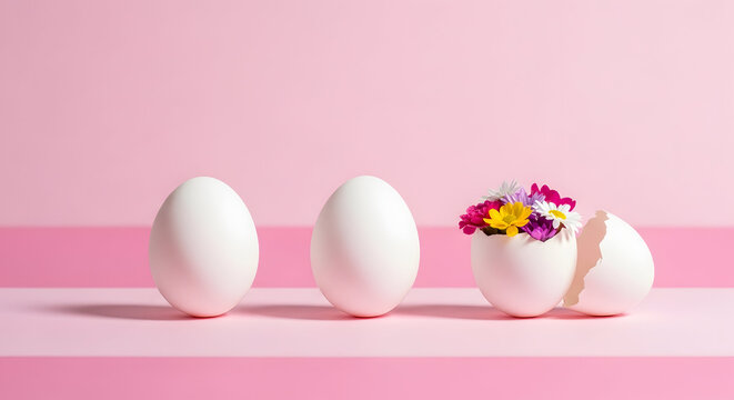 Easter eggs and flowers on pink background symbolizing springtime and holiday traditions