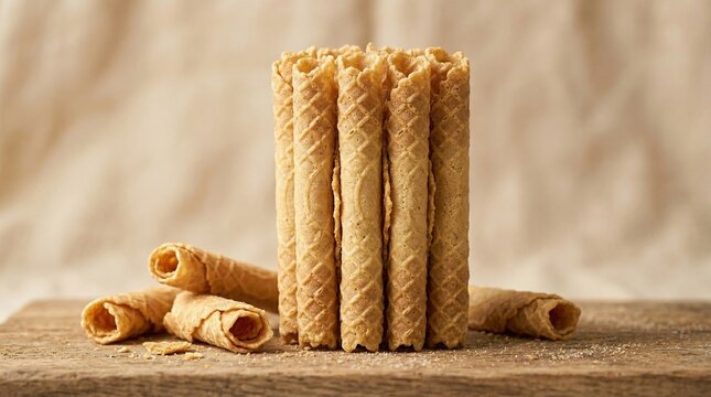 Thin Rolled Semprong Cookies Stacked Vertically on Soft Beige Background