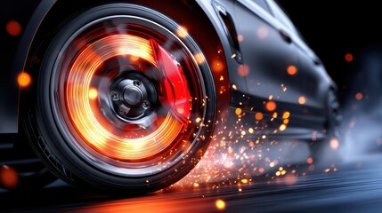 High-velocity car wheel spinning with glowing brake disc and sparks