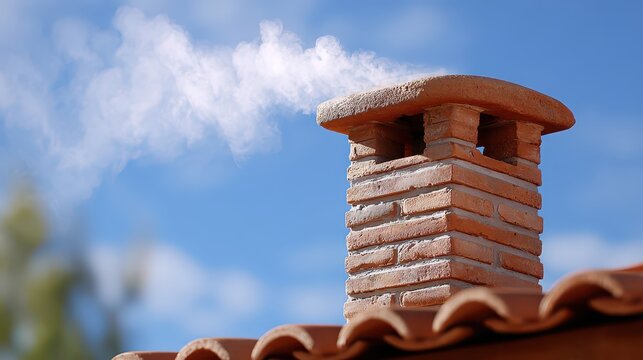 Rustic Brick Chimney Stack with Smoke Against a Clear Blue Sky
