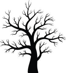 Obraz premium Black silhouette of a bare tree with winding branches without leaves isolated on white background for nature and winter design