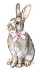 Fototapeta premium Adorable watercolor rabbit wearing a pink polka dot bow for spring decor