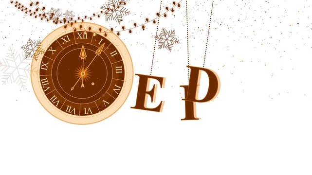 Vintage clock and Eid snowflakes on midnight background animation