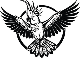 Obraz premium Majestic Flying Cockatoo Vector Illustration Featuring Spread Wings and Circular Frame for Creative Wildlife Logo Design and Exotic Bird Art Projects