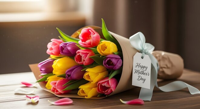 Beautiful tulip bouquet for mom on mother's day with colorful flowers and gift tag