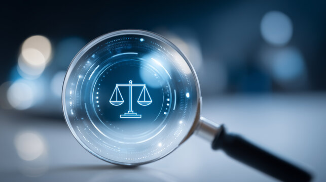 Magnifying glass showing scales of justice representing legal compliance, regulatory oversight, and digital investigation.
