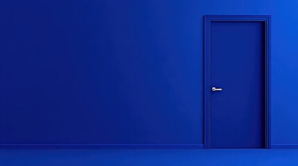 Minimalist blue wall with single blue door creating bold monochrome interior