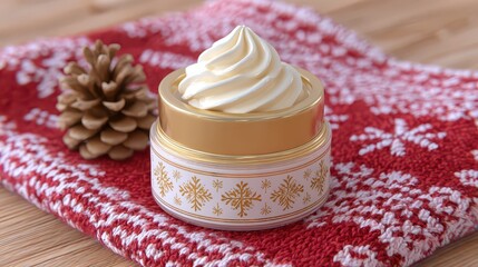 Naklejka premium Luxurious Winter Facial Cream in Ornate Gold Jar with Snowflake Design