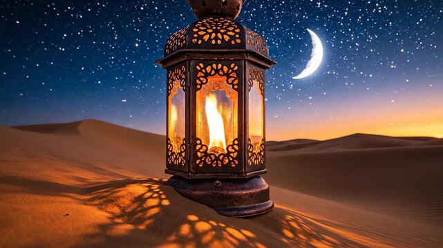 Glowing Desert Lantern Shines Brightly on Sand Dunes Under a Starry Night Sky with Crescent Moon