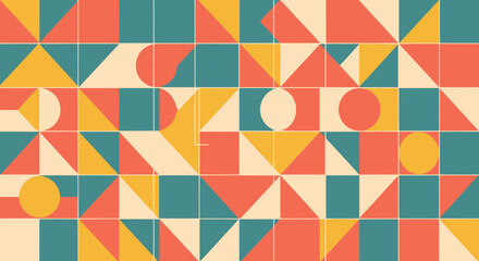 Obraz premium Abstract geometric pattern featuring a grid of shapes in teal, orange, yellow, and beige