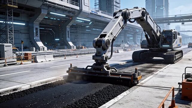 Futuristic construction machinery on road