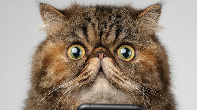 Adorable wide-eyed Persian cat gazing at smartphone screen in curiosity