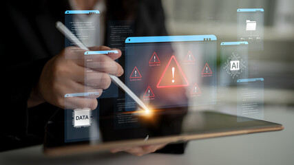 Cybersecurity concept featuring an AI detector scanning digital content for deepfakes and...