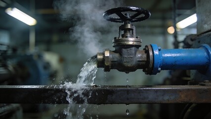 Fototapeta premium Industrial steam pipe valve leaking water and emitting vapor in a dimly lit mechanical plant environment