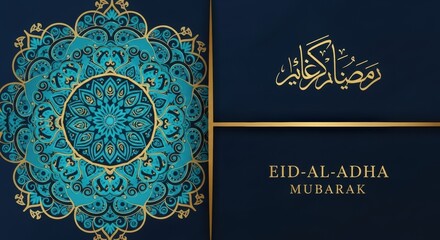 Naklejka premium Mandala Art with Arabic Calligraphy and Eid Al Adha Greeting on Dark Blue Background
