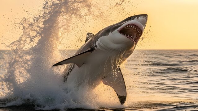 Great white shark breaching violently out of ocean at sunset, displaying raw power and predatory instinct during a hunt.
