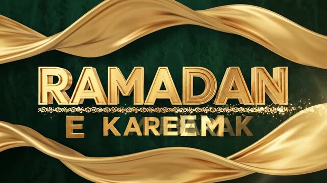 Golden Ramadan Arabic Script Decoration with Luxurious Waving Fabric and Sparkles on Dark Green