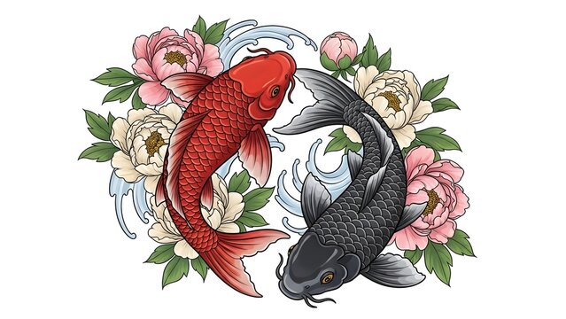 Red and black Japanese koi fish swimming in circle with peony flowers isolated on white, tattoo style.
