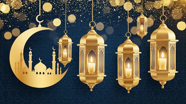 Golden Ramadan lanterns and crescent moon with mosque silhouette, festive Islamic background
