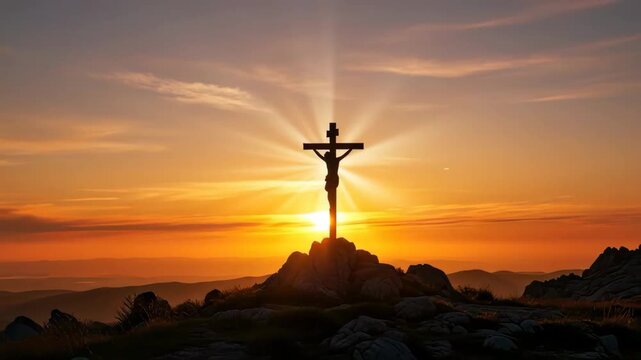 Time lapse static shot of crucifix silhouette with sun setting behind rocky hill summit during golden hour at sunset