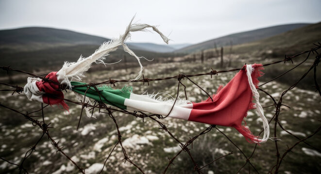 Torn Italian Flag Snagged on Barbed Wire in Landscape