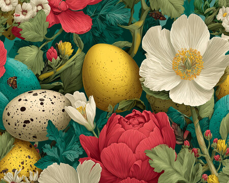Kolorowa, wiosenna ilustracja z motywem wielkanocnym. Nakrapiane jajka wkomponowane w gęste kwitnące kwiaty piwonii i anemon&oacute;w. Estetyka.
